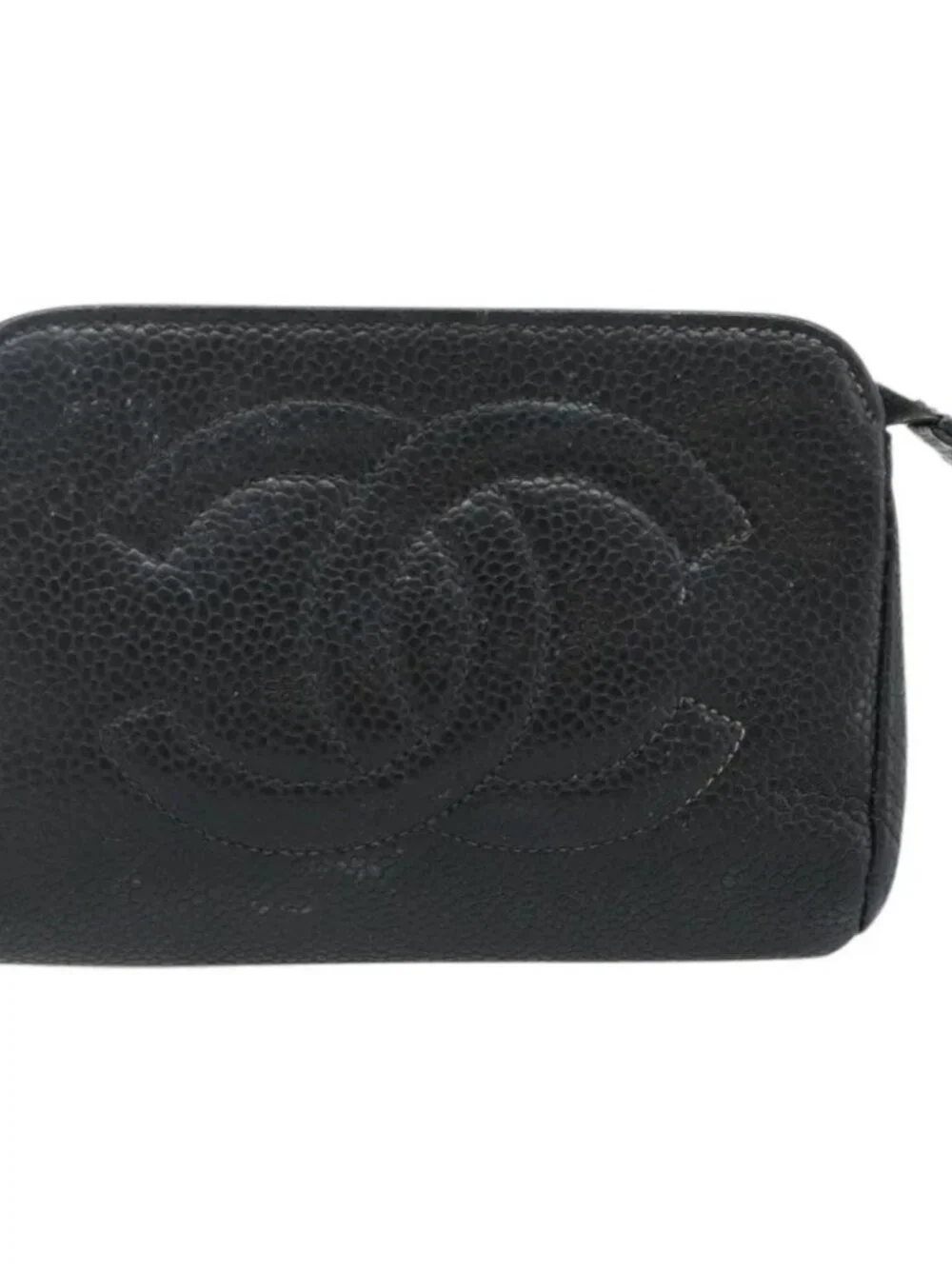 CHANEL Coin Purse Grained Calf Skin Black Gold CC Auth bs34754